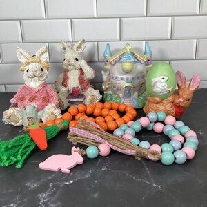 Easter Décor Lot Bunnies Figurines Tealight Candle Holder Wood Bead Garland